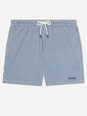 Gestreifte Patmos Badeshorts aus Seersucker in Navyblau und Weiß 