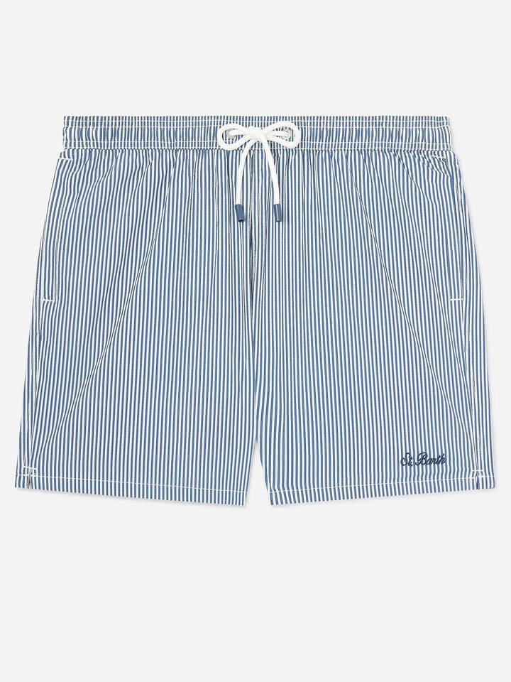 Costume mare Patmos in seersucker rigato blu navy e bianco