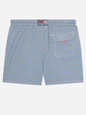 Gestreifte Patmos Badeshorts aus Seersucker in Navyblau und Weiß 