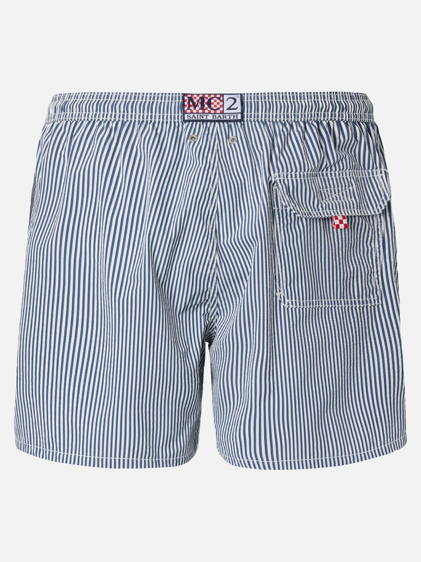 Marineblaue, gestreifte, klassische leichte Badeshorts aus Seersucker von Patmos