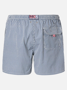 Marineblaue, gestreifte, klassische leichte Badeshorts aus Seersucker von Patmos