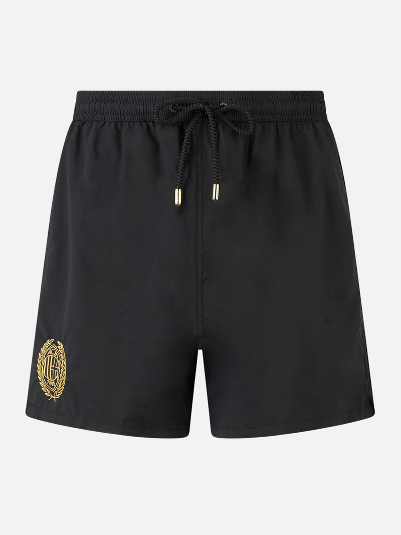 Man black mid-length swim shorts Patmos with Milan 125 embroidery | AC MILAN 125 SPECIAL EDITION