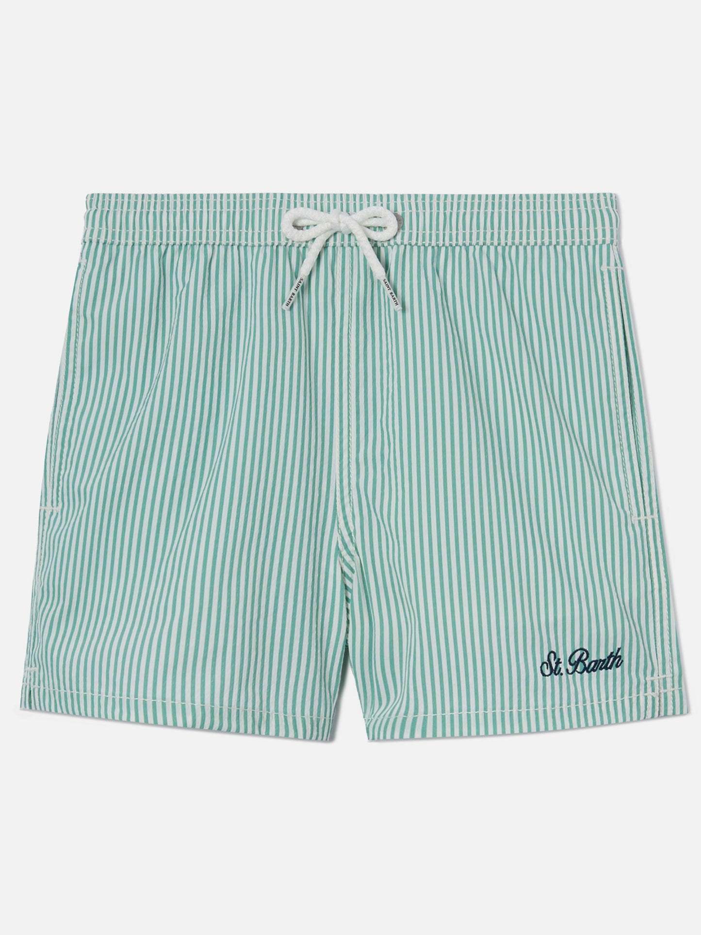 Short de bain Patmos Jr en seersucker rayé avec broderie St. Barth 