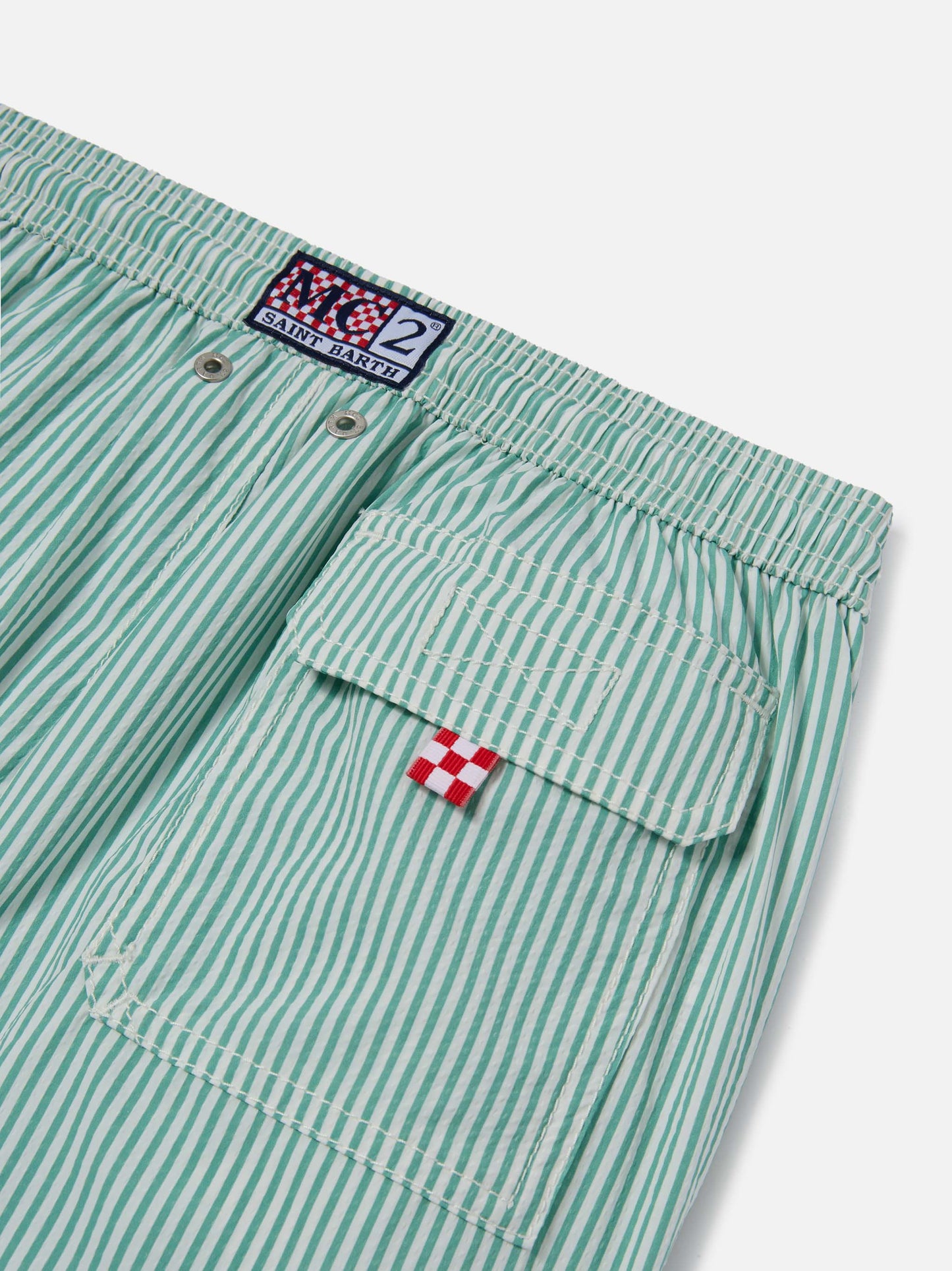 Costume Patmos Jr in seersucker a righe con ricamo St. Barth