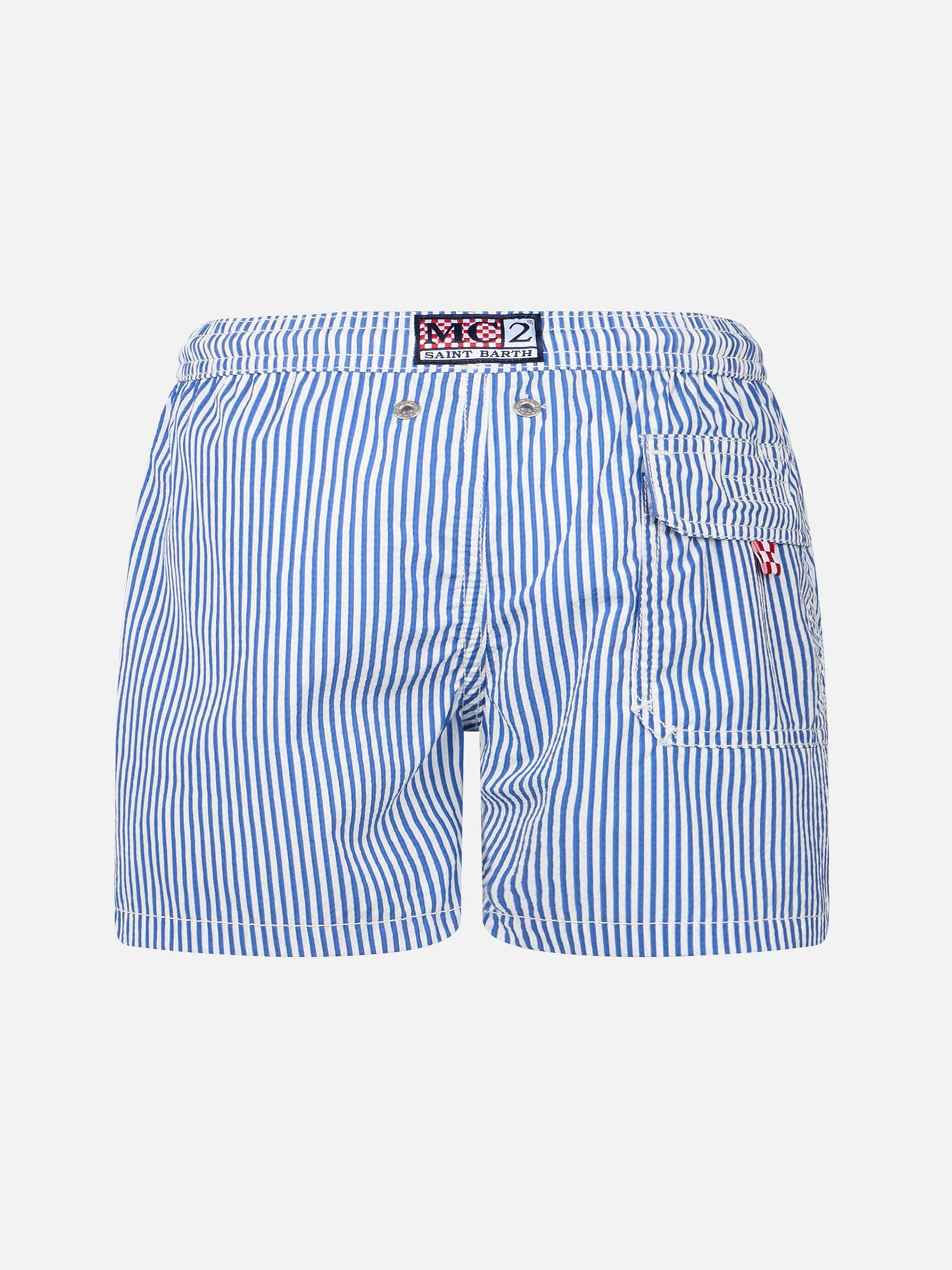 Boy seersucker striped mid-length swim shorts Patmos Jr - MC2 Saint Barth