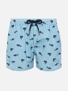 Patmos Jr seersucker striped mid-length swim shorts with shark print - MC2 Saint Barth