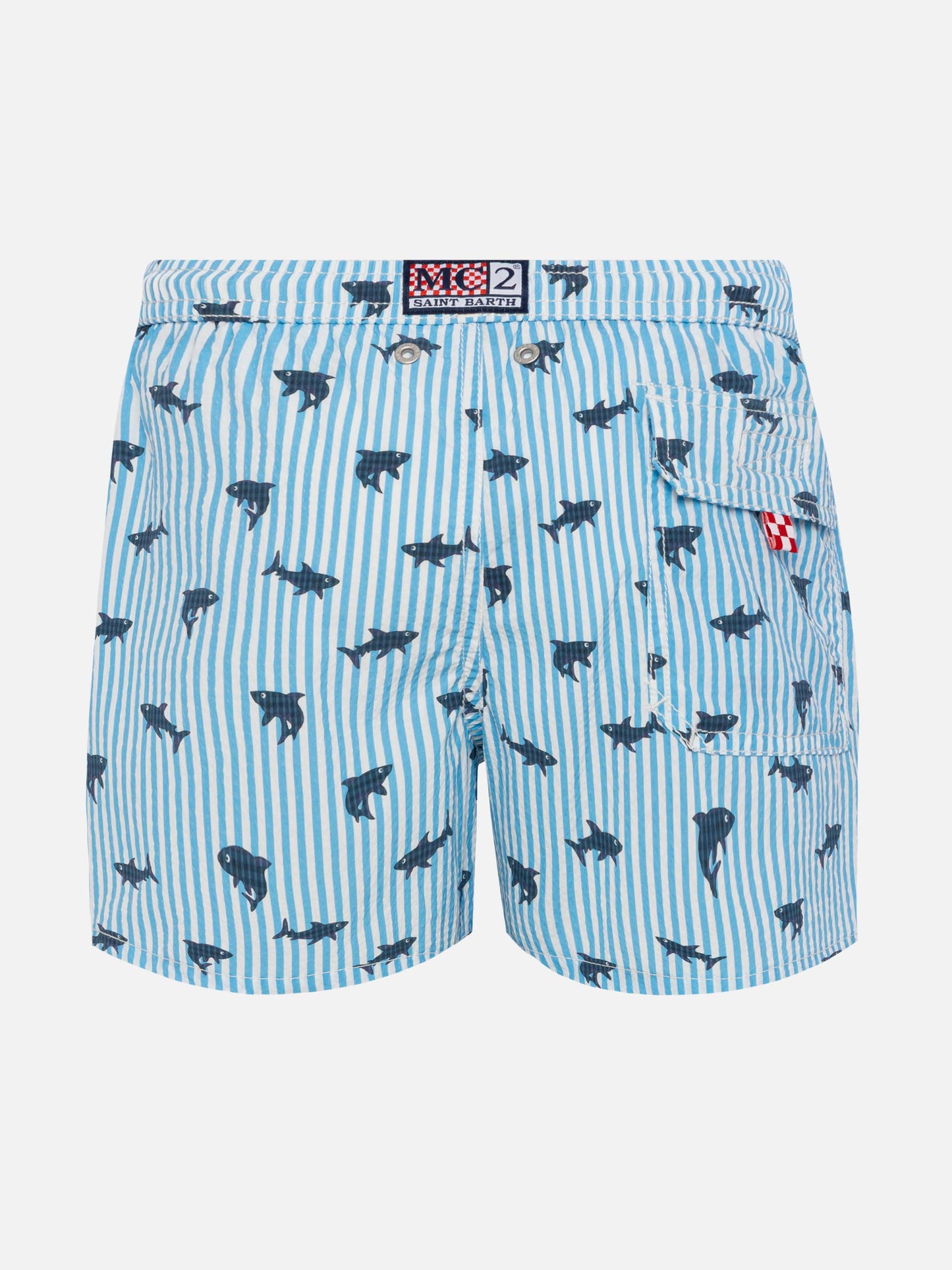 Patmos Jr seersucker striped mid-length swim shorts with shark print - MC2 Saint Barth