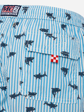 Patmos Jr seersucker striped mid-length swim shorts with shark print - MC2 Saint Barth