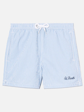 Short de bain Patmos Jr en seersucker rayé avec broderie St. Barth 