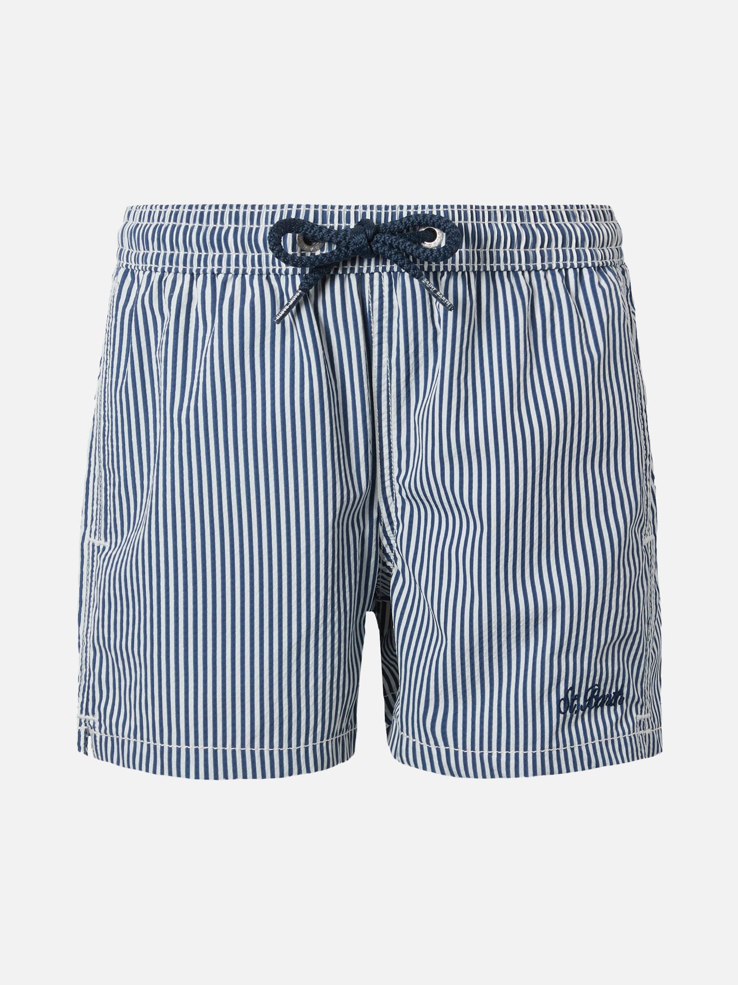 Patmos Jr. Badeshorts aus Seersucker, blau gestreift, mittellang