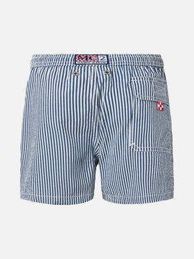 Patmos Jr. Badeshorts aus Seersucker, blau gestreift, mittellang