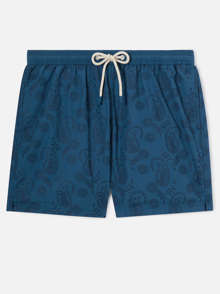 Short de bain Patmos en sangallo bleu avec broderie 