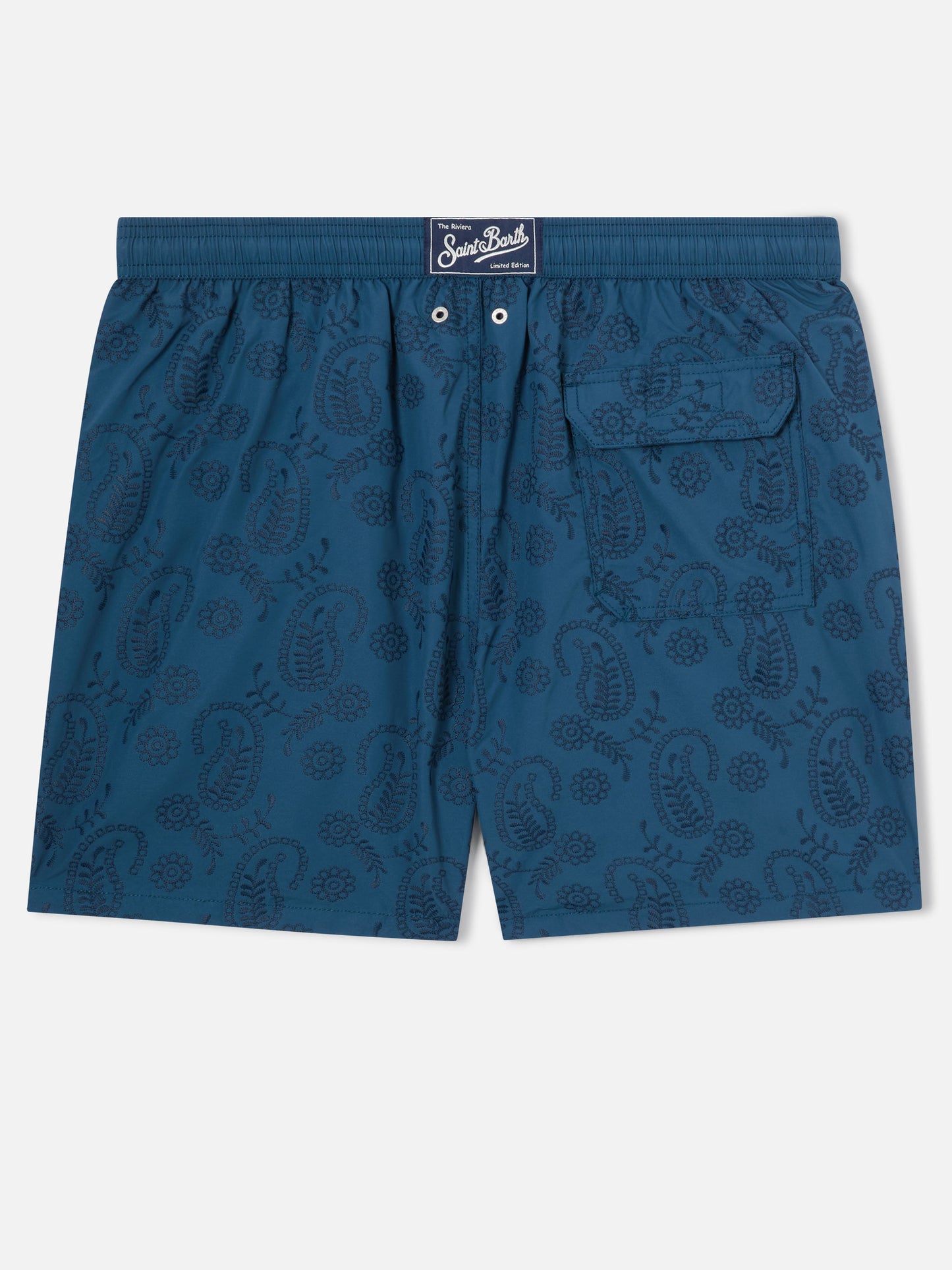 Costume mare Patmos in sangallo blu con ricamo 
