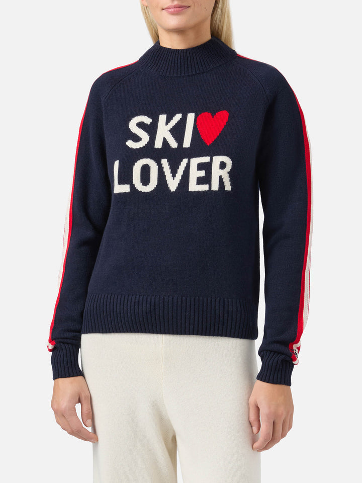 Peak cashmere-blend mock-neck in blue with Ski Lover jacquard