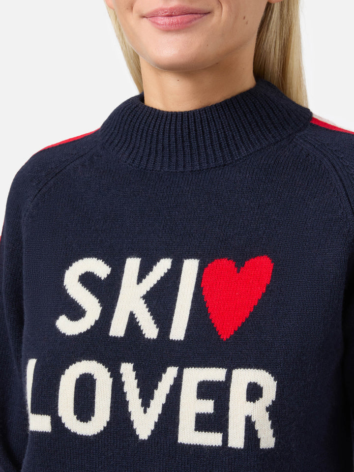 Peak cashmere-blend mock-neck in blue with Ski Lover jacquard