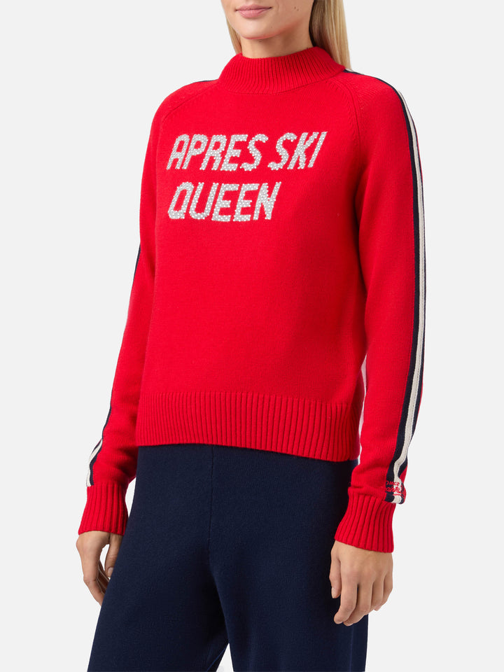 Peak cashmere-blend mock-neck in red with Apres ski queen rhinestone appliqué