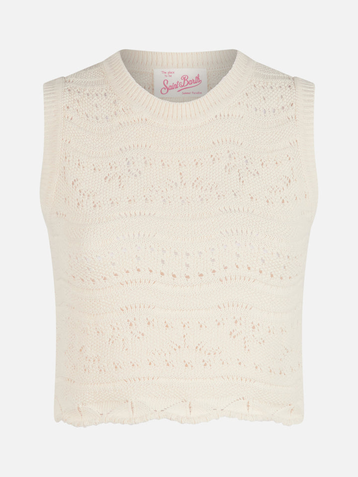Top Peach in maglia di cotone bianco