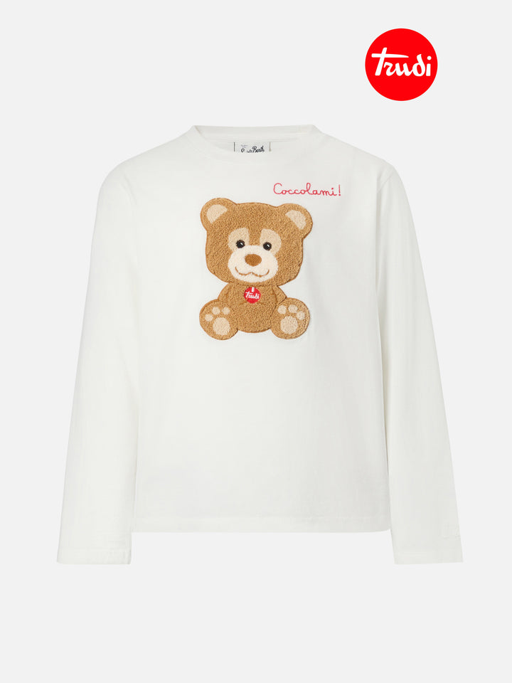 T-shirt Penny in cotone bianco a maniche lunghe con  applicazione in spugna orsetto Trudi | TRUDI SPECIAL EDITION