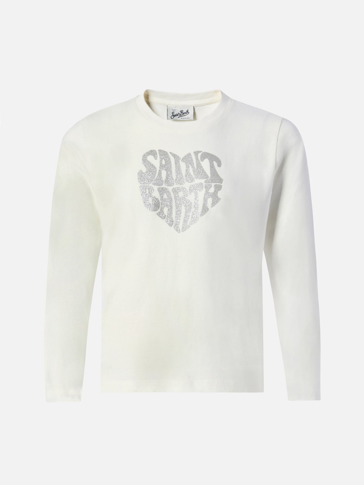Penny long-sleeve cotton T-shirt in white with Saint Barth silver glitter print