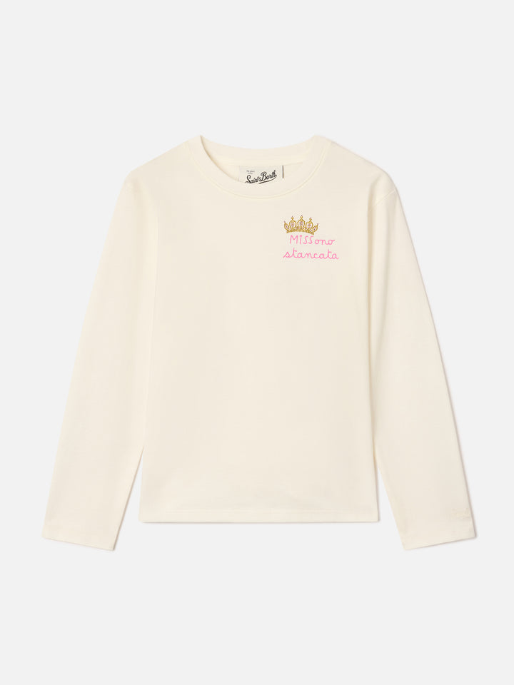 Camiseta de manga larga en algodón Cream Penny con bordado Miss Sono Stancata 
