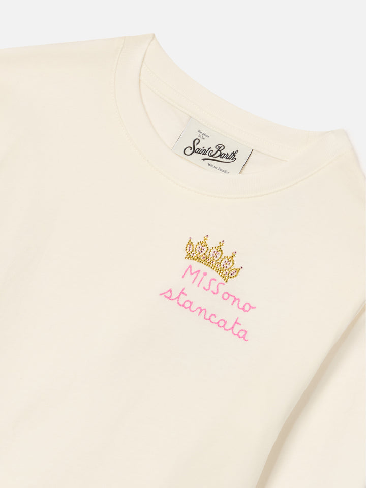 Camiseta de manga larga en algodón Cream Penny con bordado Miss Sono Stancata 