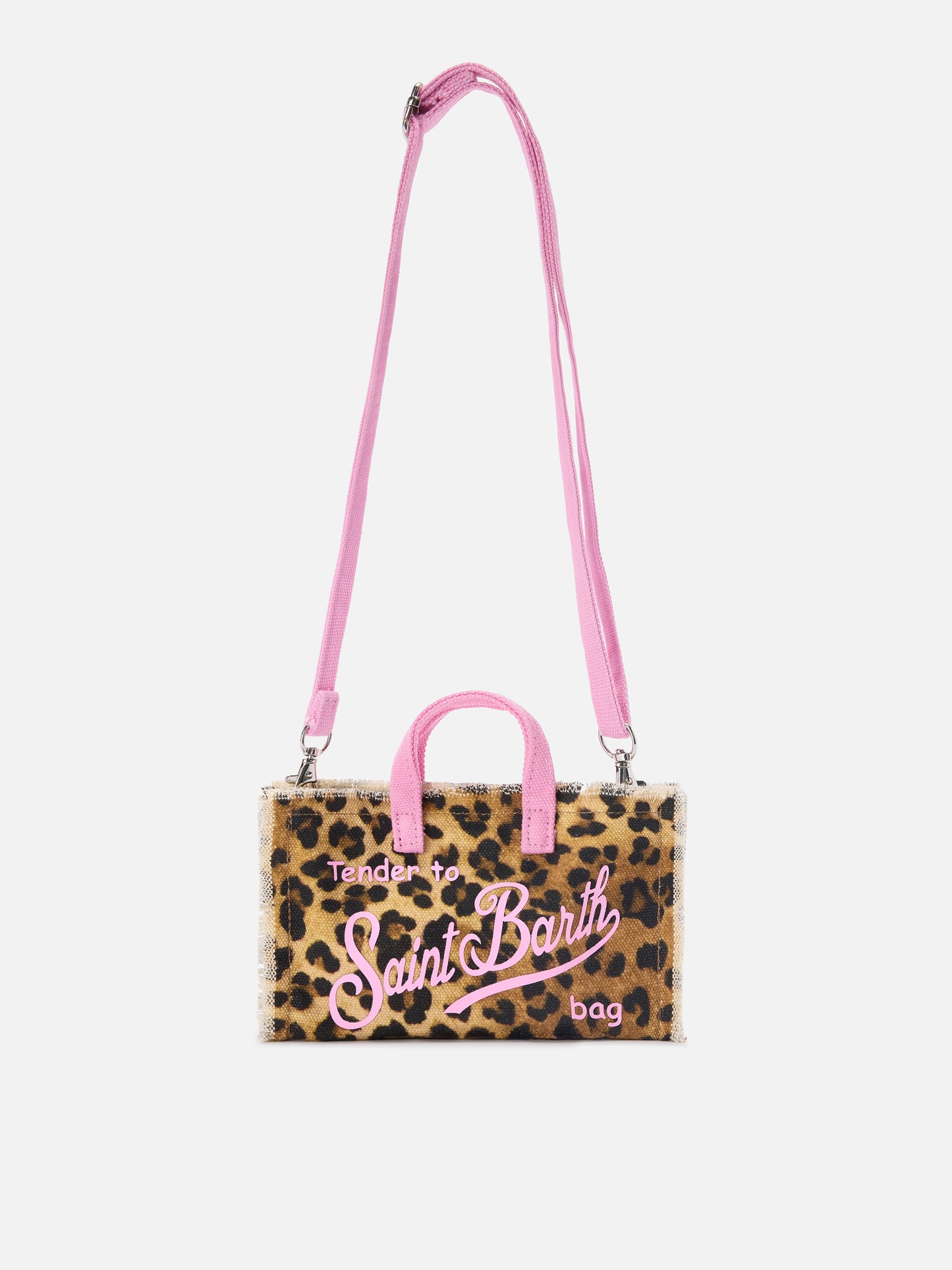 Micro Phone canvas bag with leopard print and pink contrasting logo