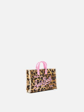 Micro Phone canvas bag with leopard print and pink contrasting logo