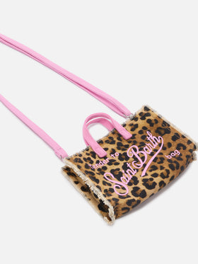 Micro Phone canvas bag with leopard print and pink contrasting logo
