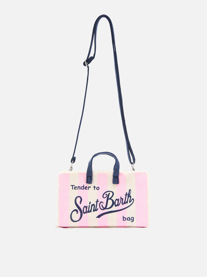 Borsa Phone micro in canvas a righe bianche e rosa con logo a contrasto