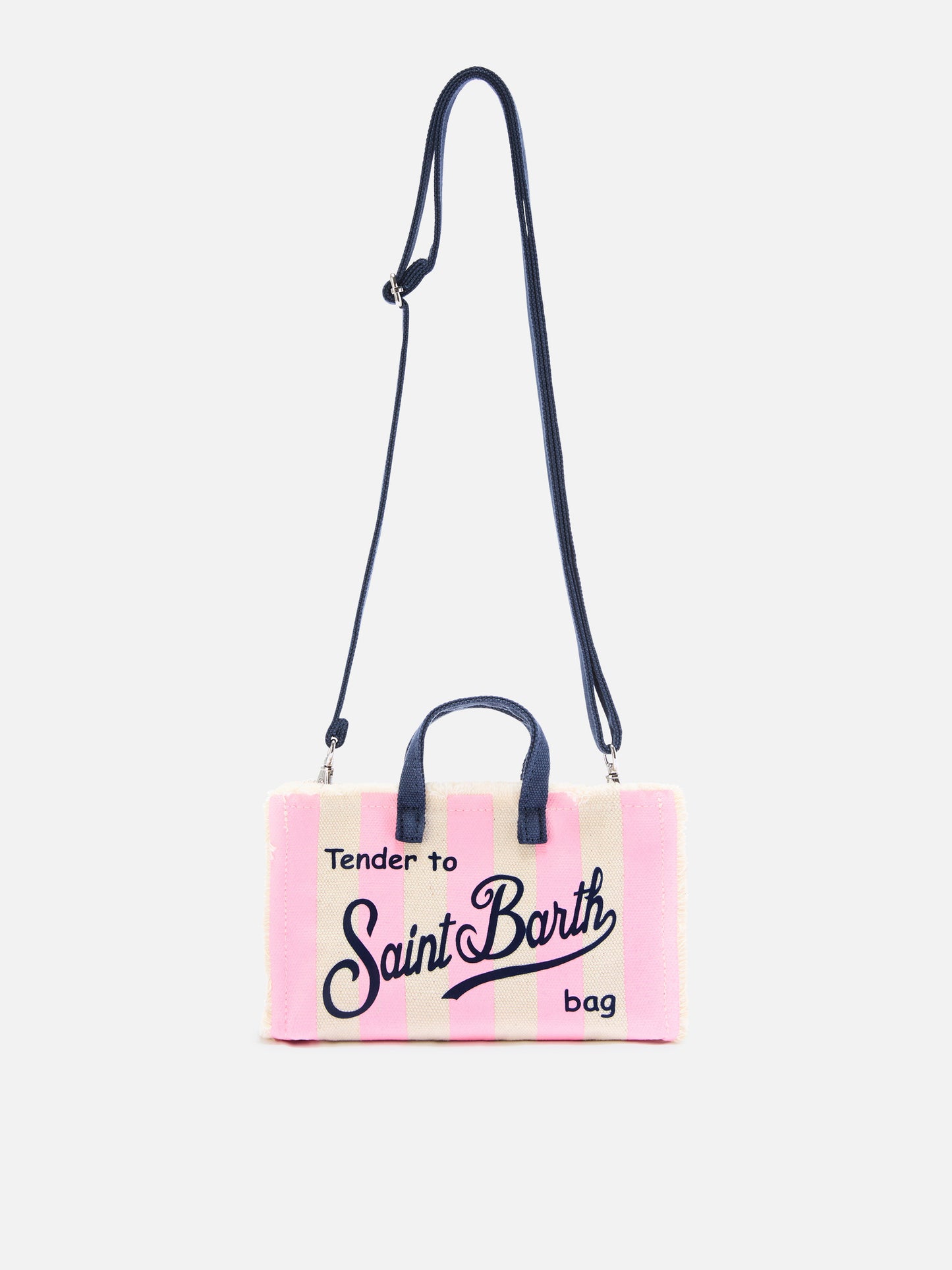 Borsa Phone micro in canvas a righe bianche e rosa con logo a contrasto