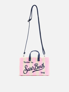 Borsa Phone micro in canvas a righe bianche e rosa con logo a contrasto