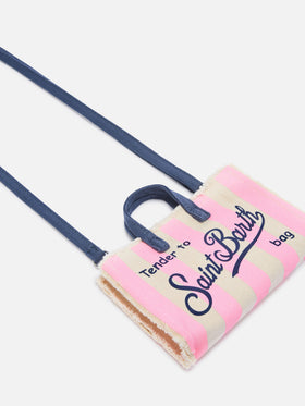 Borsa Phone micro in canvas a righe bianche e rosa con logo a contrasto