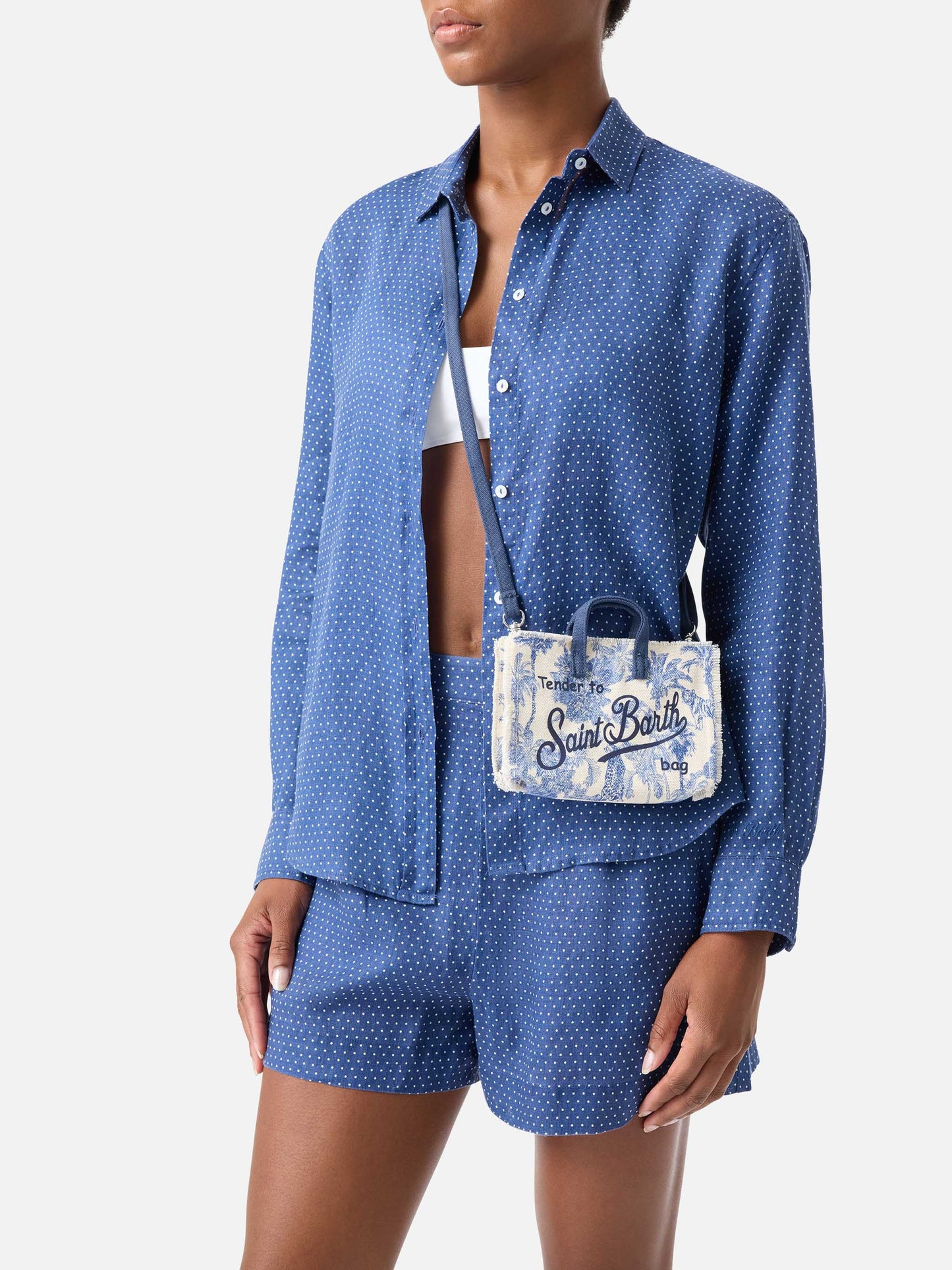 Borsa Phone micro in canvas con stampa toile de jouy azzurro e logo a contrasto