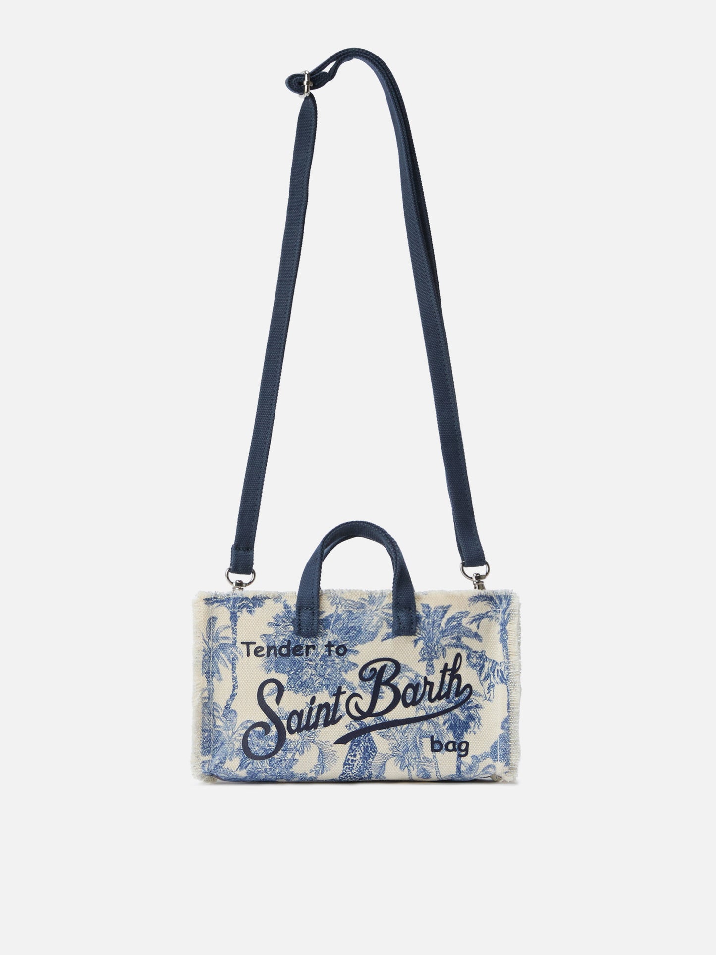 Borsa Phone micro in canvas con stampa toile de jouy azzurro e logo a contrasto