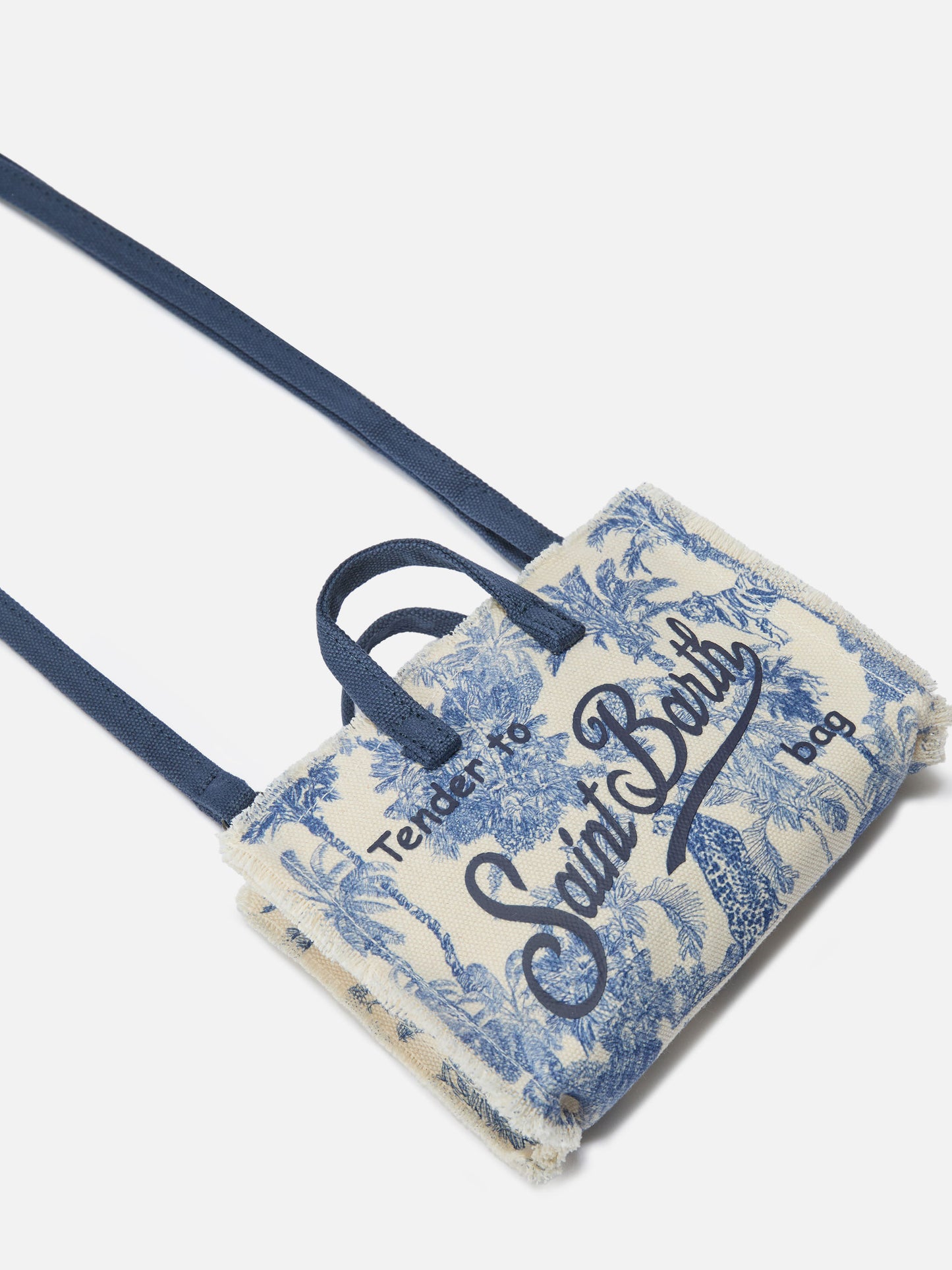 Borsa Phone micro in canvas con stampa toile de jouy azzurro e logo a contrasto