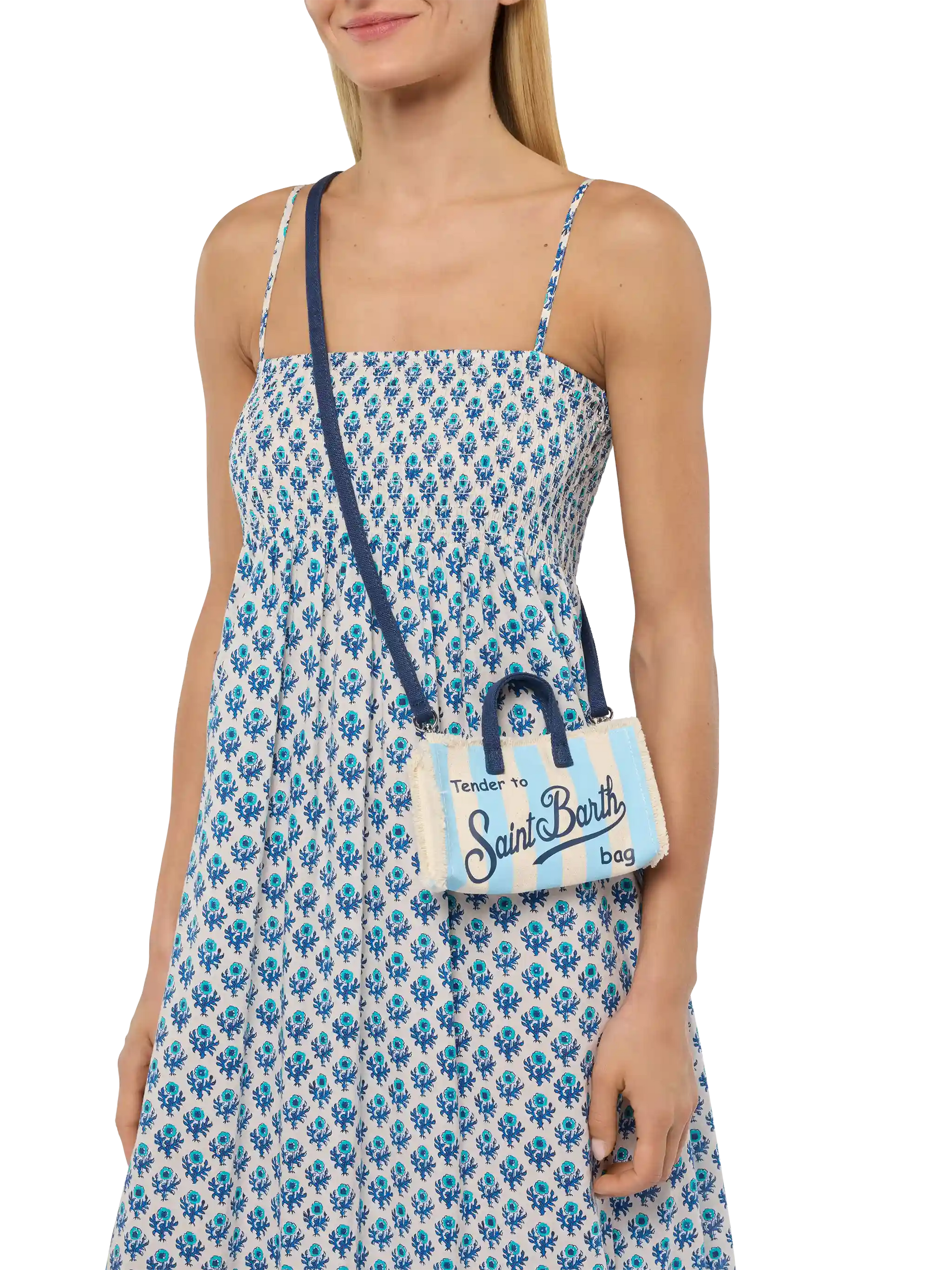 Cotton canvas Phone Bag with light blue striped print - MC2 Saint Barth