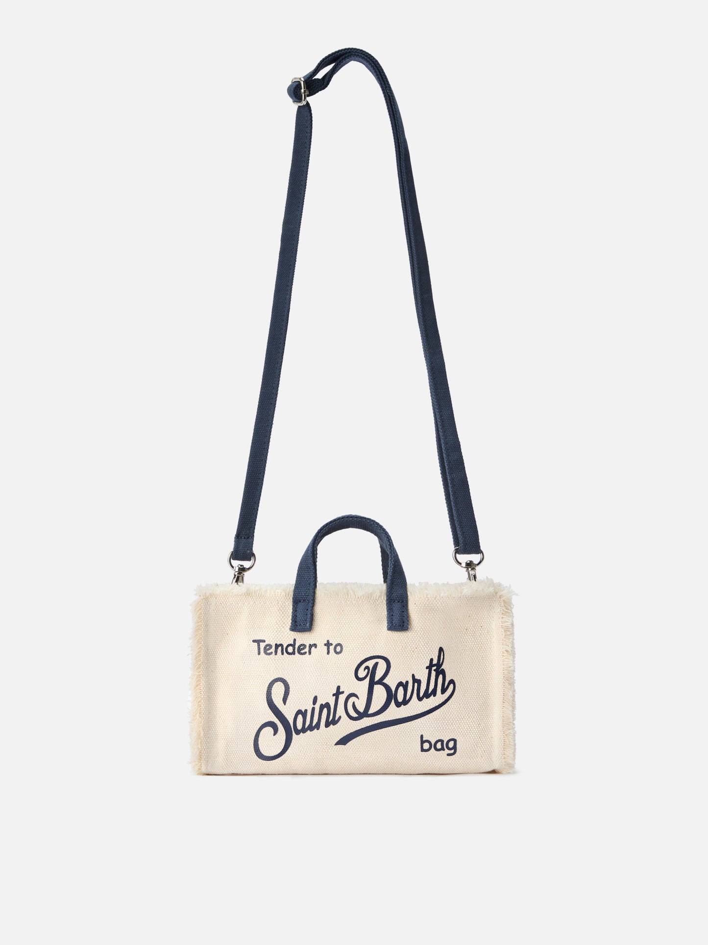 Borsa Phone micro in canvas bianco con dettagli blu e logo a contrasto