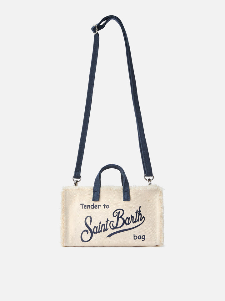 micro Phone canvas bag in white with blue details and contrasting logo