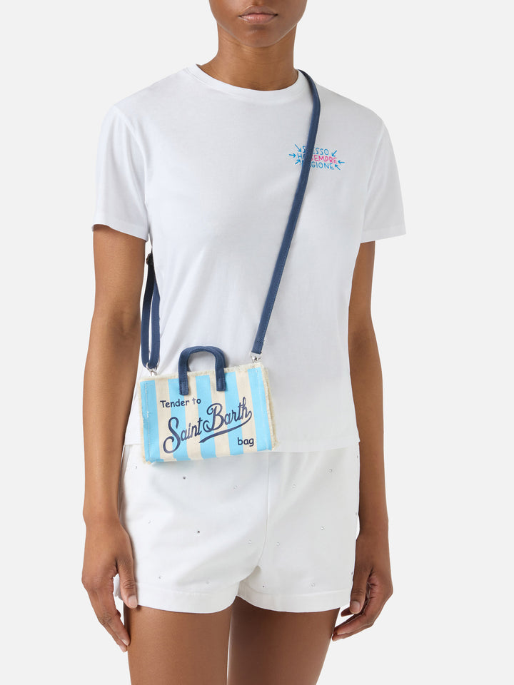 Bolso de lona Micro Phone con rayas blancas y azul claro y logotipo en contraste 