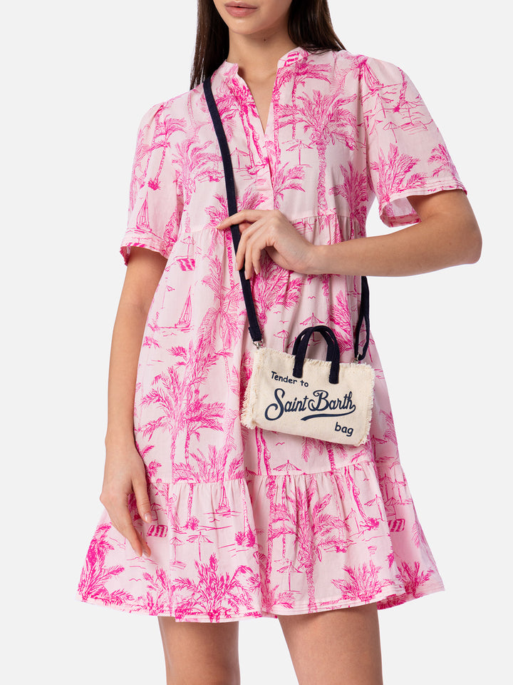 Borsa Phone micro in canvas bianco con dettagli blu e logo a contrasto