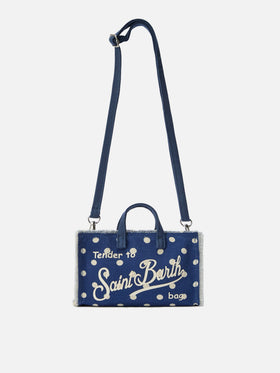 Borsa Phone micro in canvas blu a pois con logo a contrasto