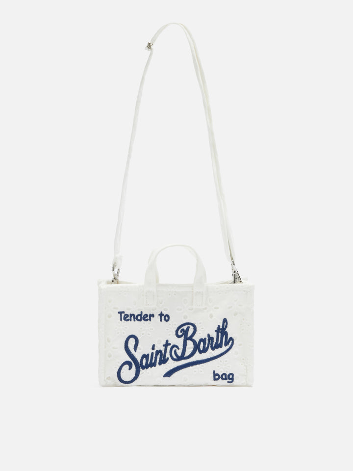 Borsa Phone micro in sangallo bianco con logo ricamato