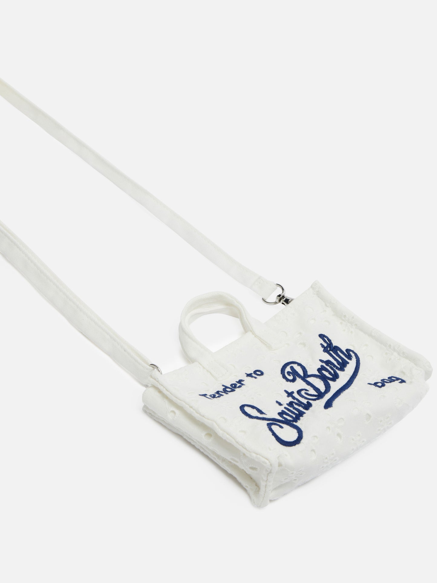 Borsa Phone micro in sangallo bianco con logo ricamato
