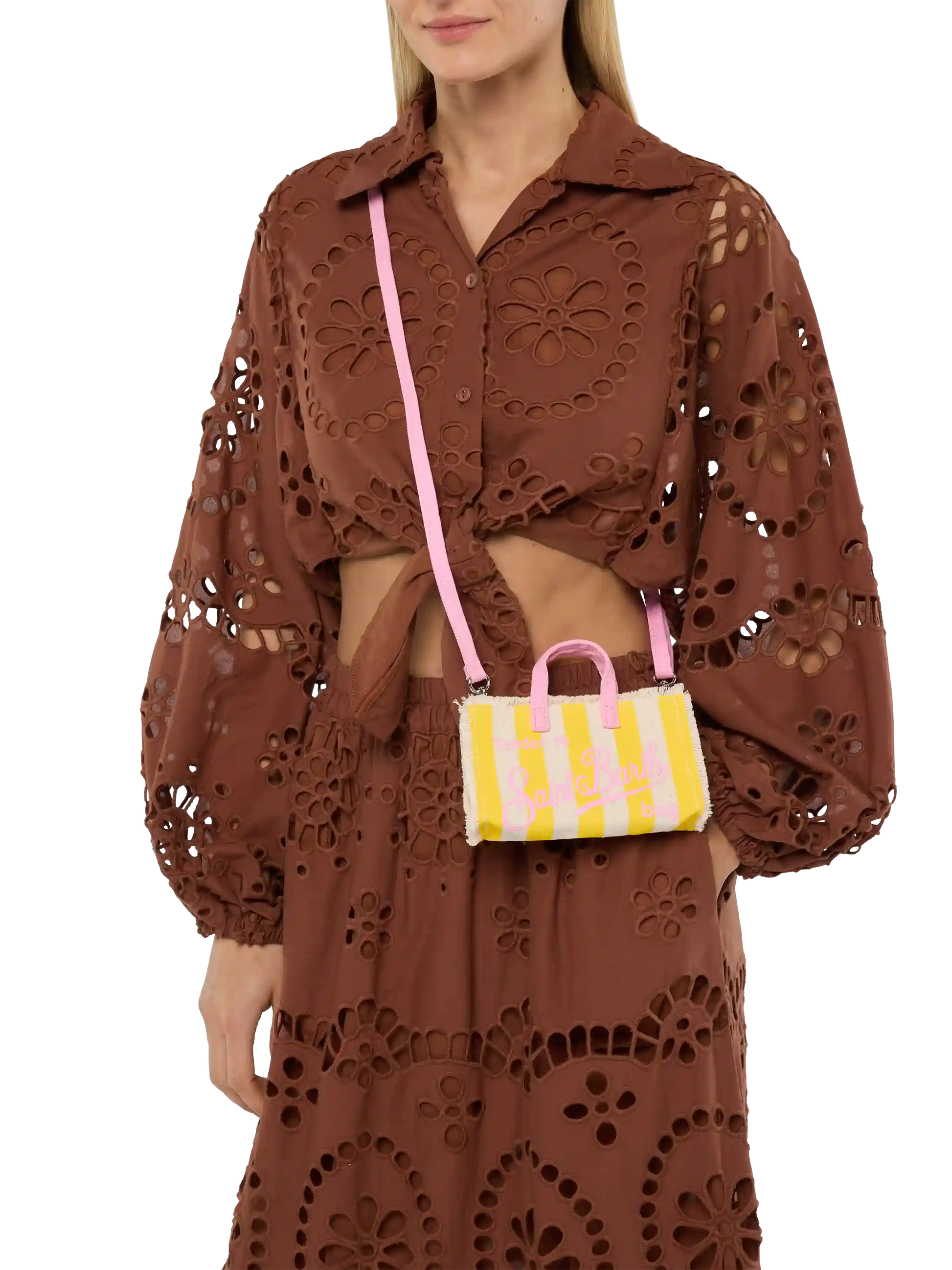 Cotton canvas Phone Bag with yellow striped print - MC2 Saint Barth