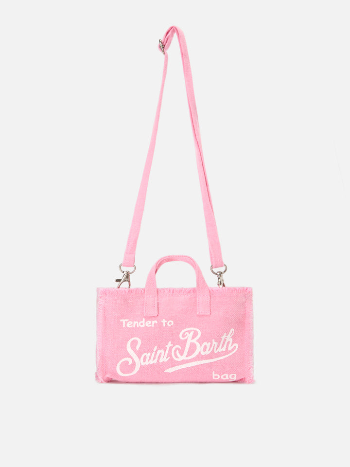 Borsa Phone micro in lino rosa tinta unita con logo a contrasto