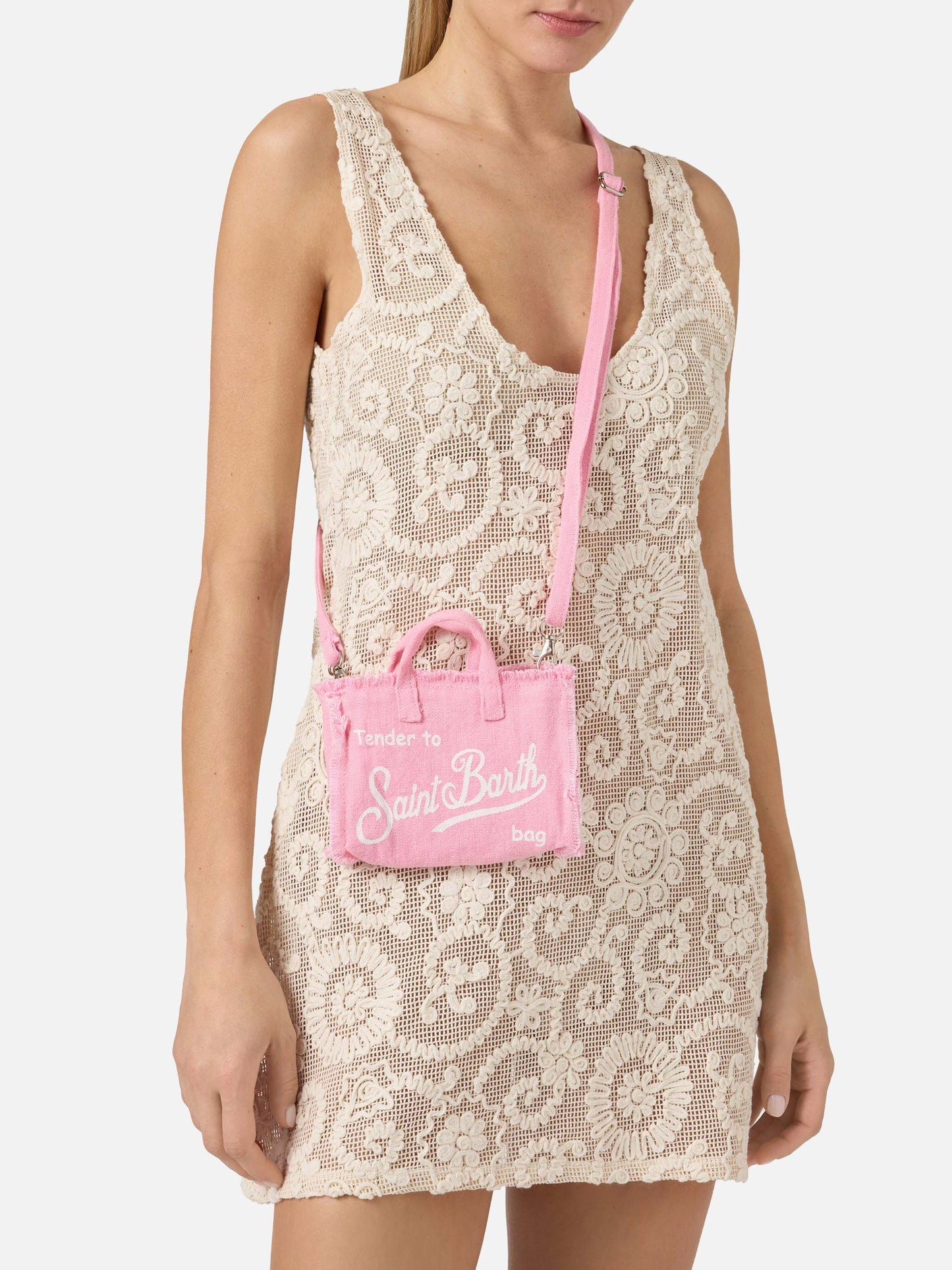 Borsa Phone micro in lino rosa tinta unita con logo a contrasto