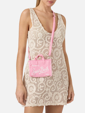 Borsa Phone micro in lino rosa tinta unita con logo a contrasto