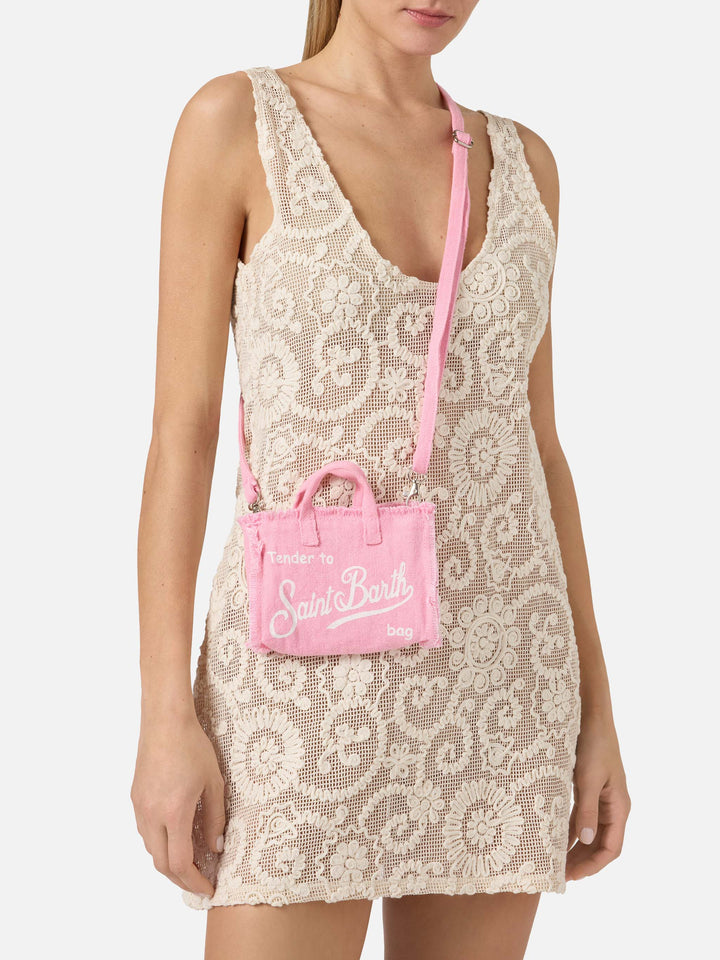 Borsa Phone micro in lino rosa tinta unita con logo a contrasto