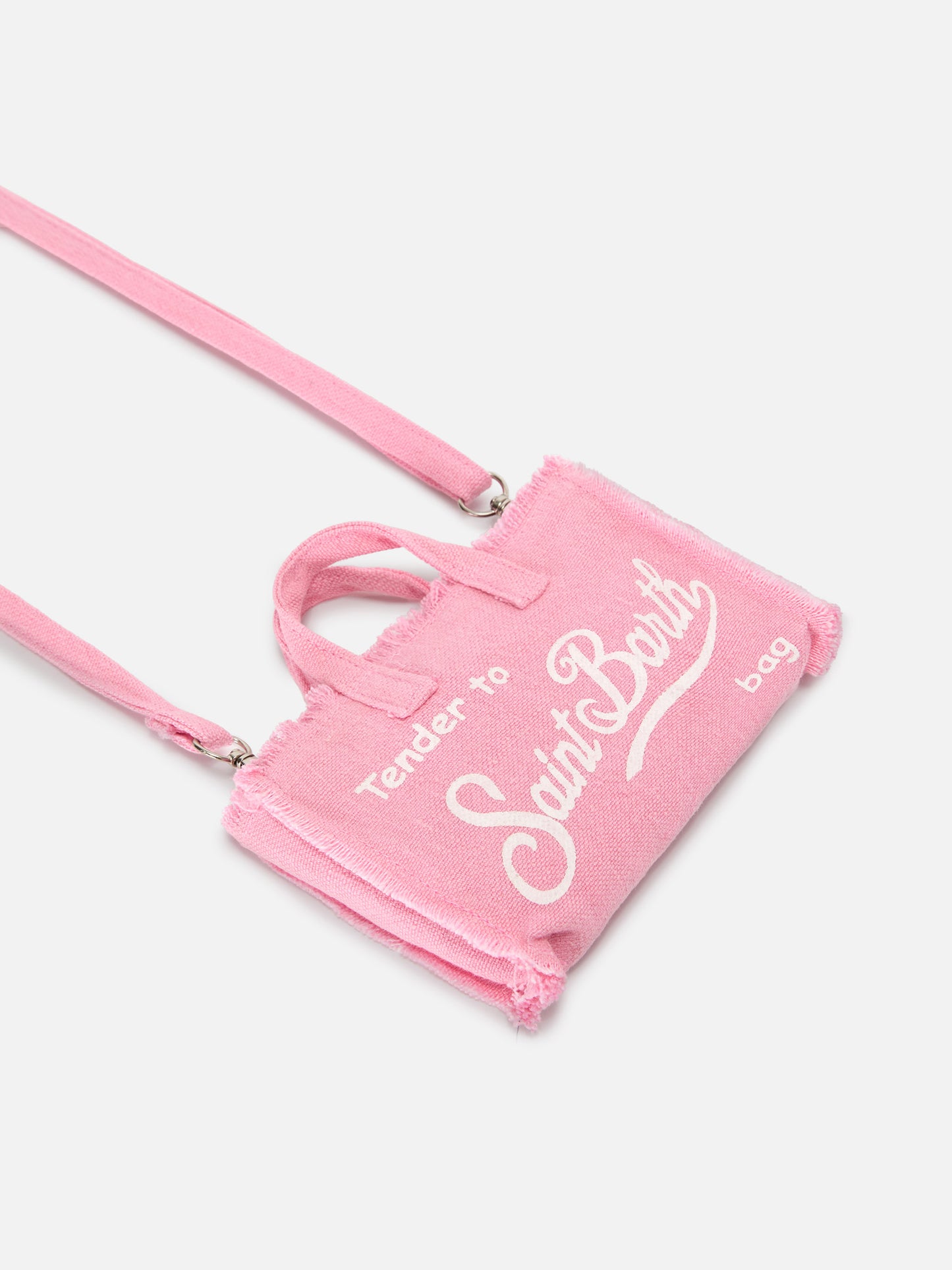 Borsa Phone micro in lino rosa tinta unita con logo a contrasto