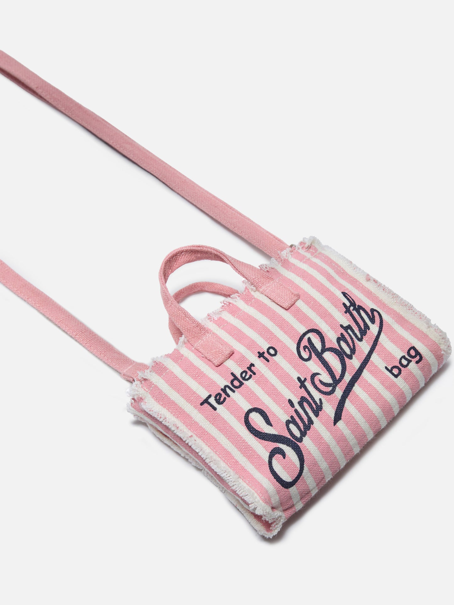 Borsa Phone micro in lino a righe rosa e bianche con logo a contrasto